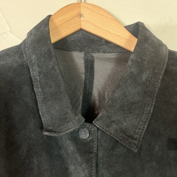 1950’s VTG black cropped Jackie O suede jacket, scoop collar covered buttons M/L - Picture 6 of 16